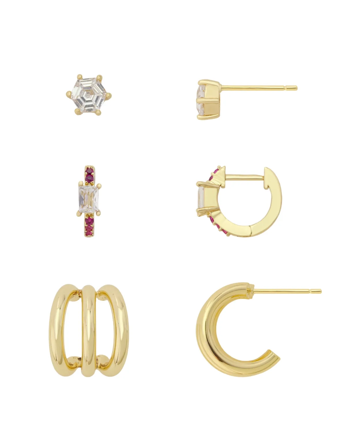 Cubic Zirconia Gold-Tone Trio Stud and Hoop Earrings, 3-Piece Set by Unwritten