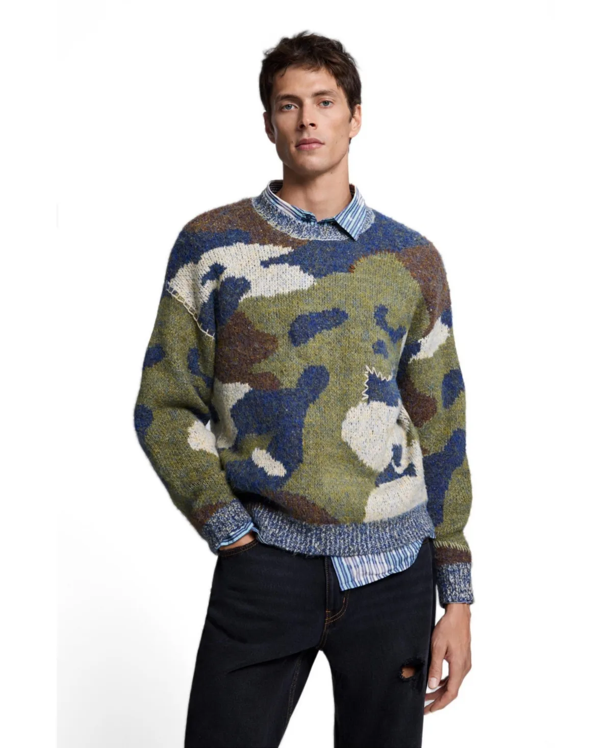 Camouflage Jacquard Print Crewneck Long-Sleeve Sweater