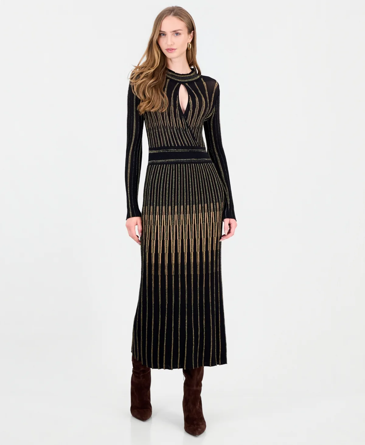 Alicia Lurex Metallic-Stripe Mock Neck Keyhole Sweater Dress by Elie Tahari