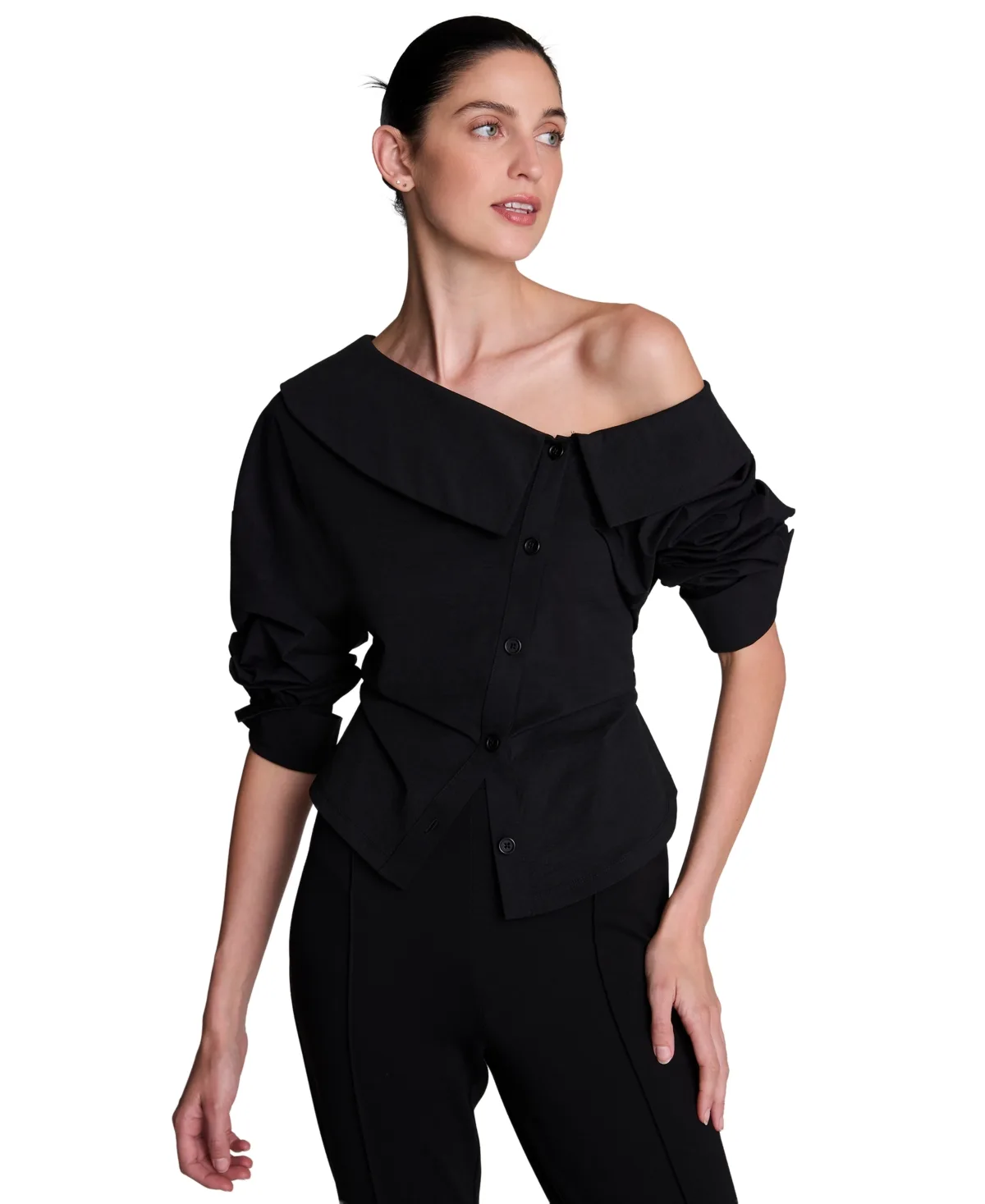 Asymmetric Off-the-Shoulder Button-Down Blouse by Kenneth Cole