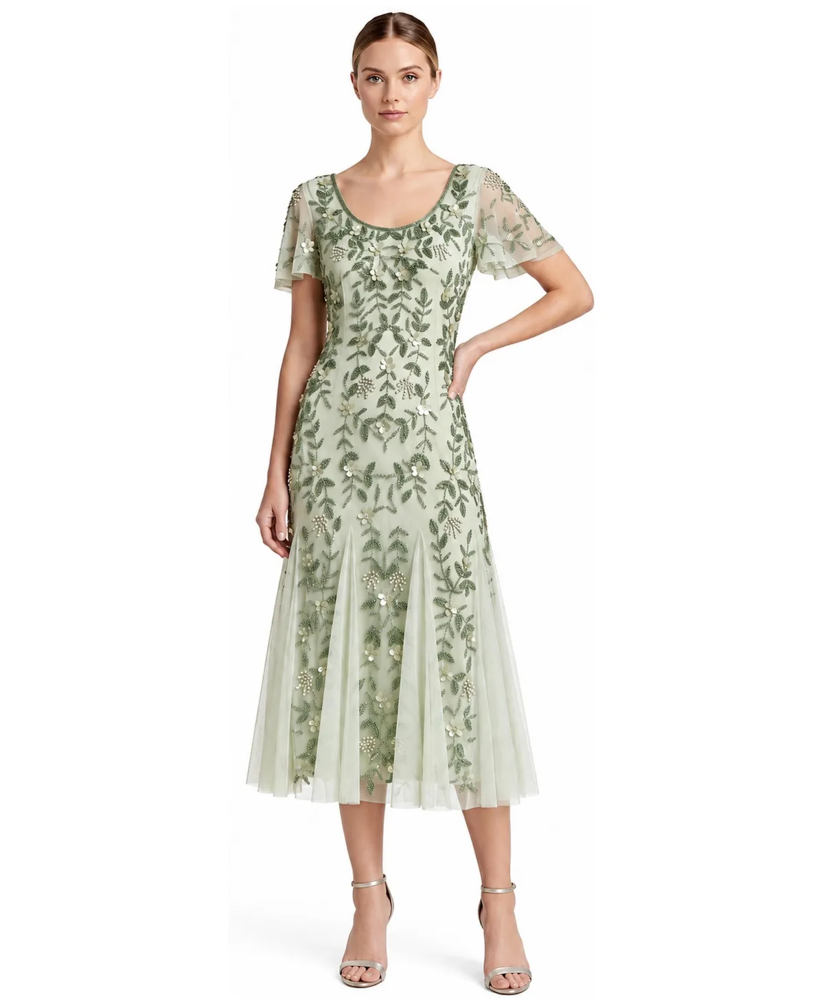 3D Floral-Embellished Cape Sleeves Midi Dress by Lara
