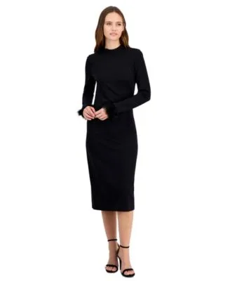 Feather Trim Sheath Long Sleeve Mock Neck Midi Dress by Anne Klein
