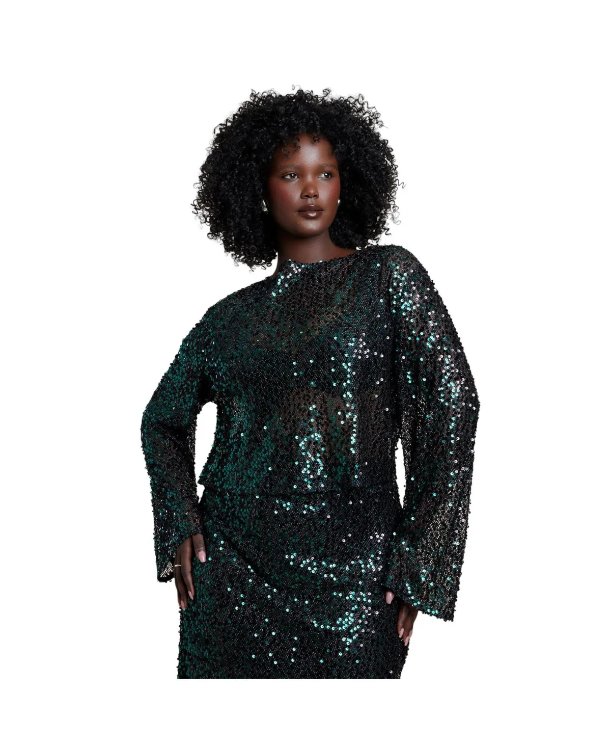 Boat Neck Sequin Long-Sleeve Crop Top by Eloquii