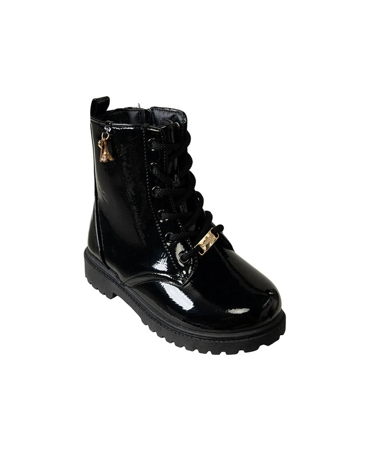 Faux Leather Combat Boots with Heart Key and Eiffel Tower Charm, Side Zip, Chunky Lug Sole by bebe