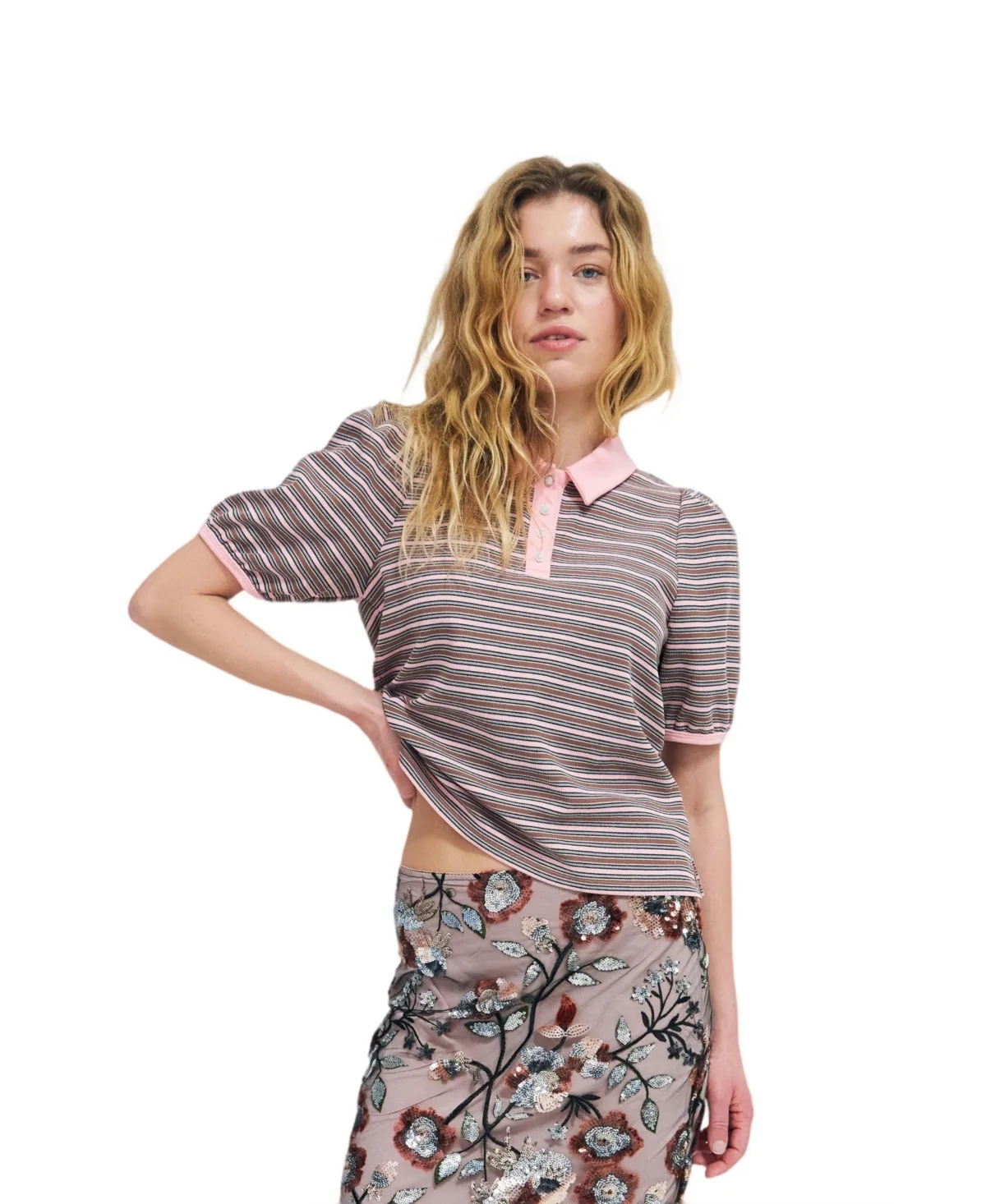 Kleo Puff Sleeve Striped Polo Shirt by Cras
