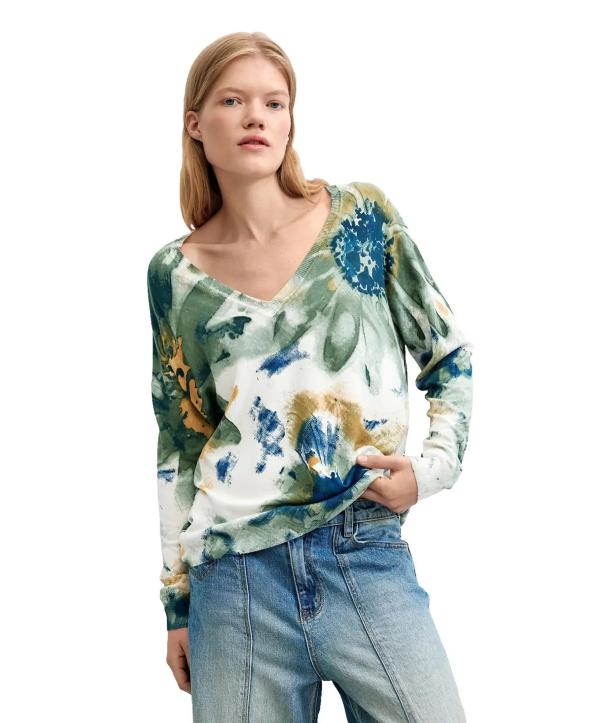 Floral-Print V-Neck Long-Sleeve Sweater by Desigual
