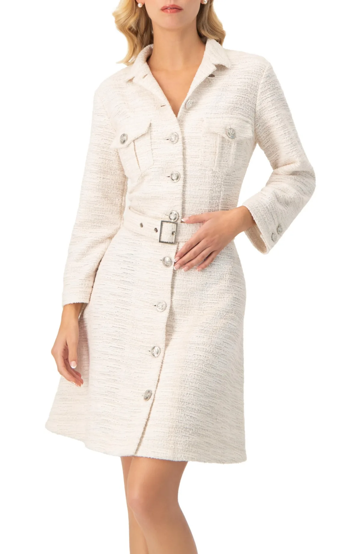 Tweed Belted Button Down Dress by Ivonne