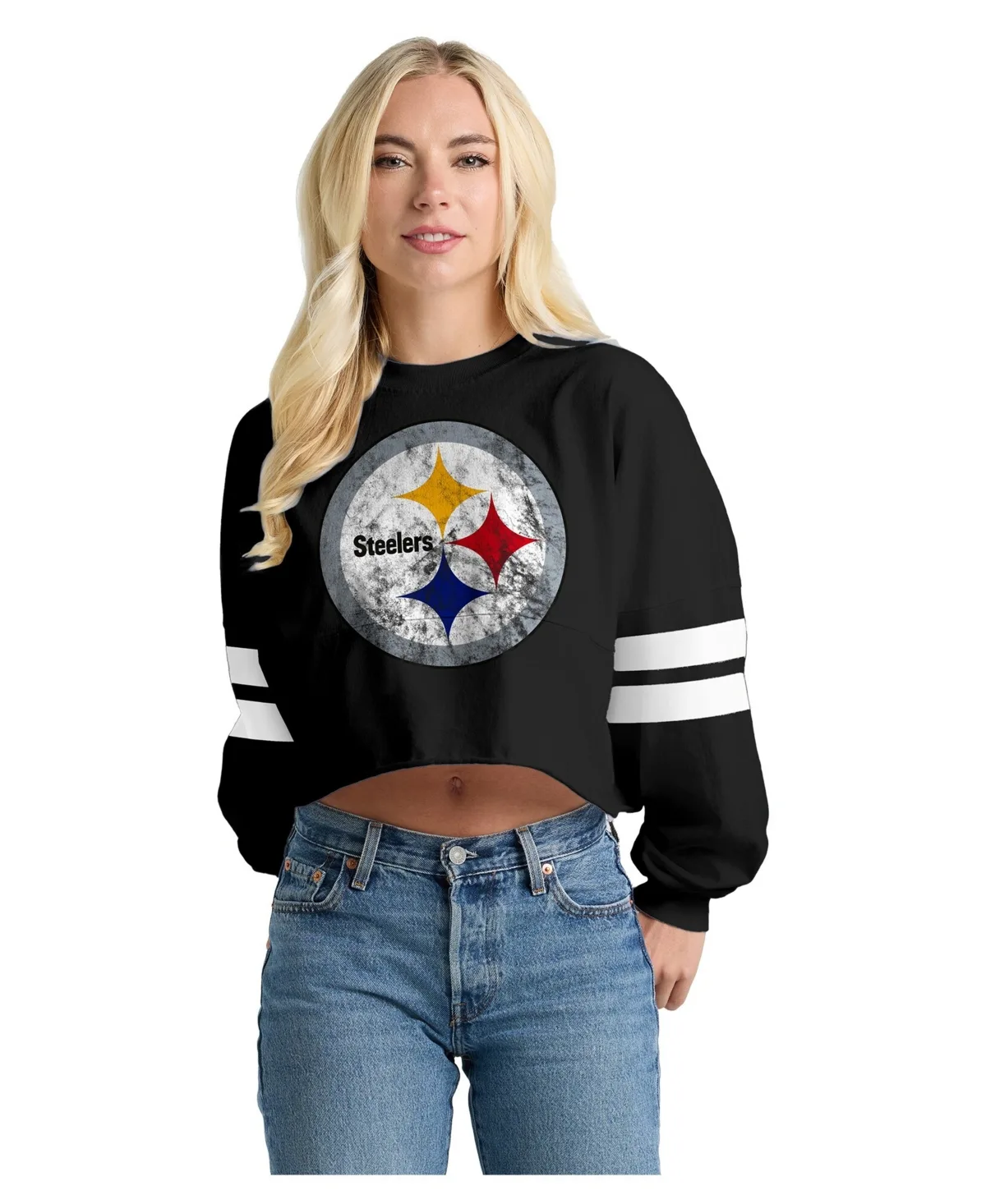 Pittsburgh Steelers Oversized Cropped Stripe Long Sleeve T-Shirt by Spirit Jersey