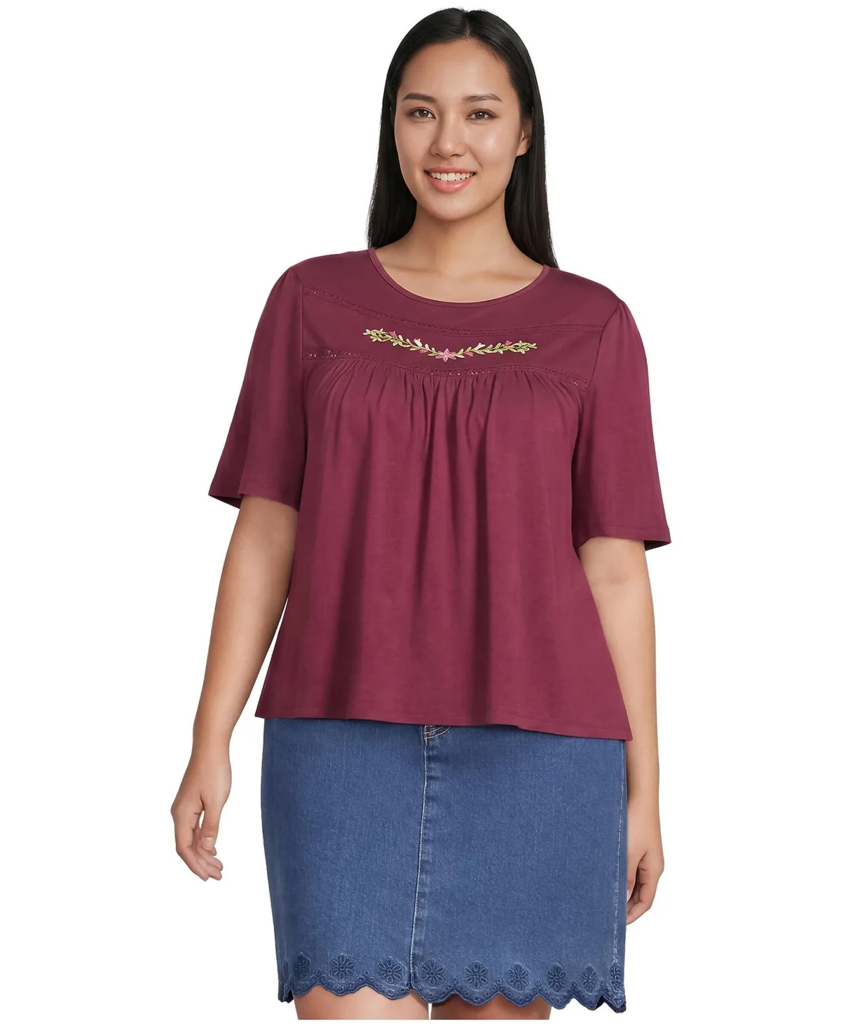 Elbow Sleeve Slub Jersey Embroidered Yoke Pintuck Blouse by Lands' End