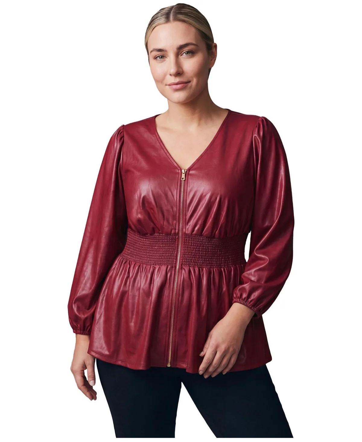 Liquid Knit Zip-Front Smocked Waist Top by Avenue