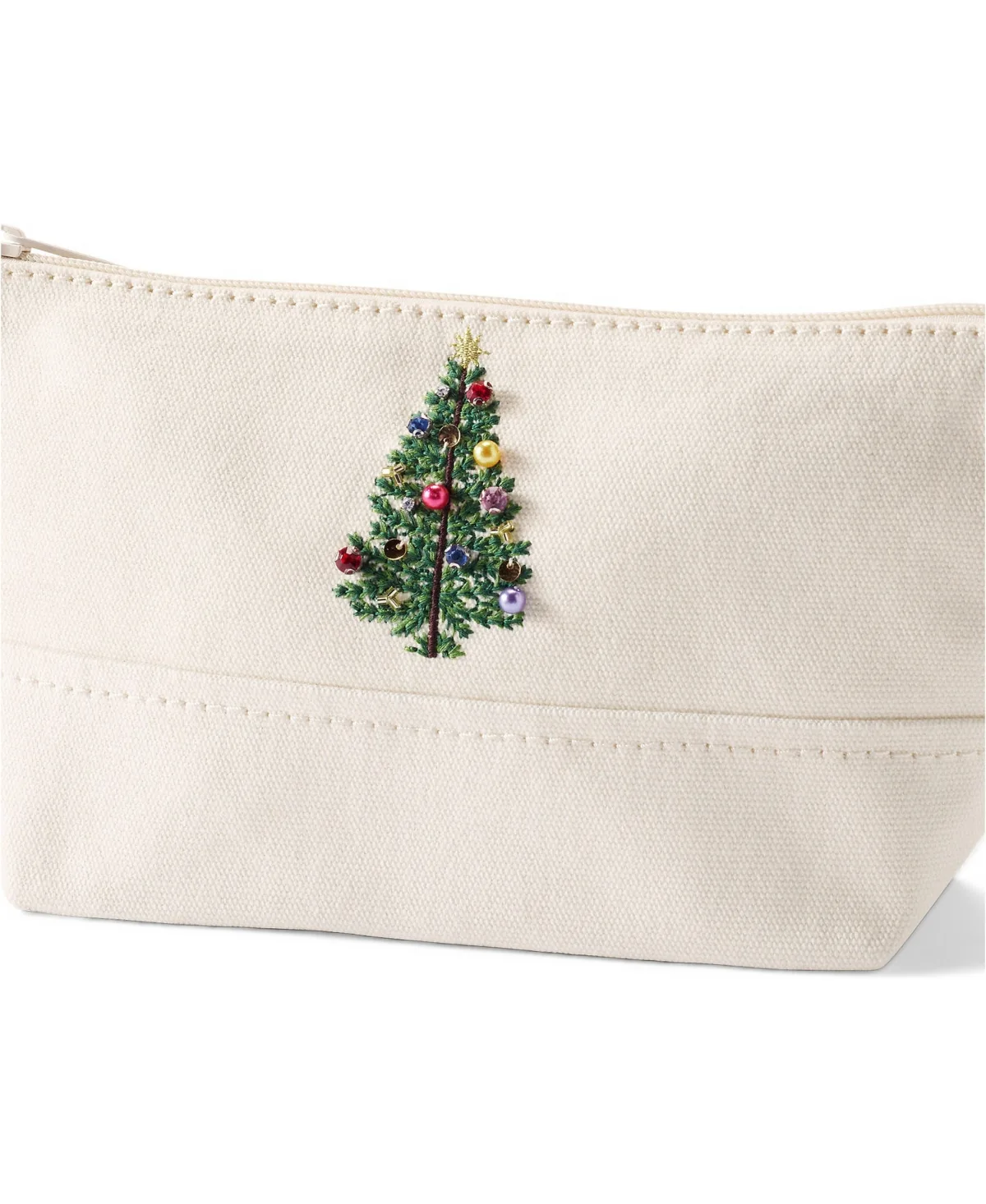 Embroidered Zipper Canvas Pouch - Holiday Tree