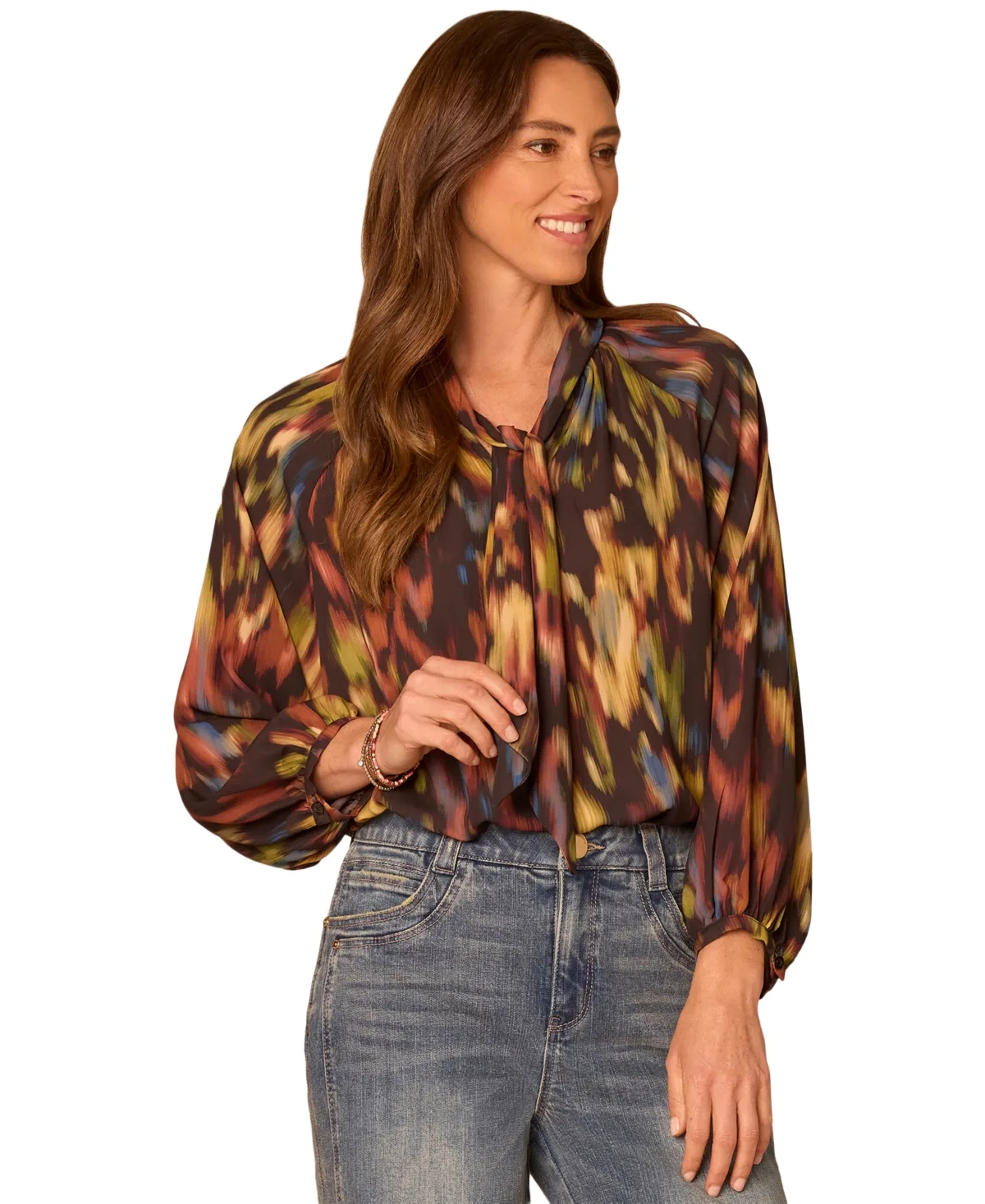 Long-Sleeve Split-Collar Self-Tie Print Blouse by Democracy