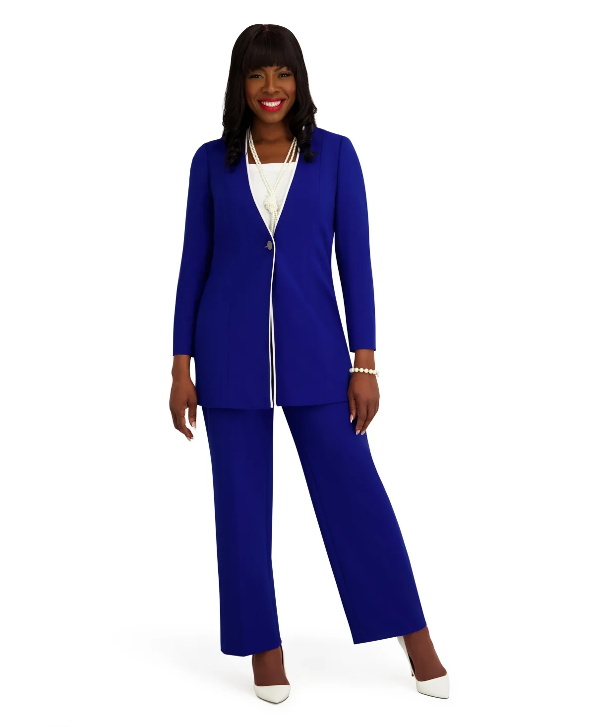 Kasper Collarless Topper with Flat Piping Button-Front Blazer
