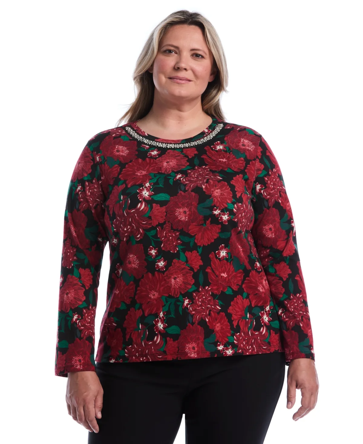 Floral-Print Bell-Sleeve Embellished T-Shirt by Rafaella