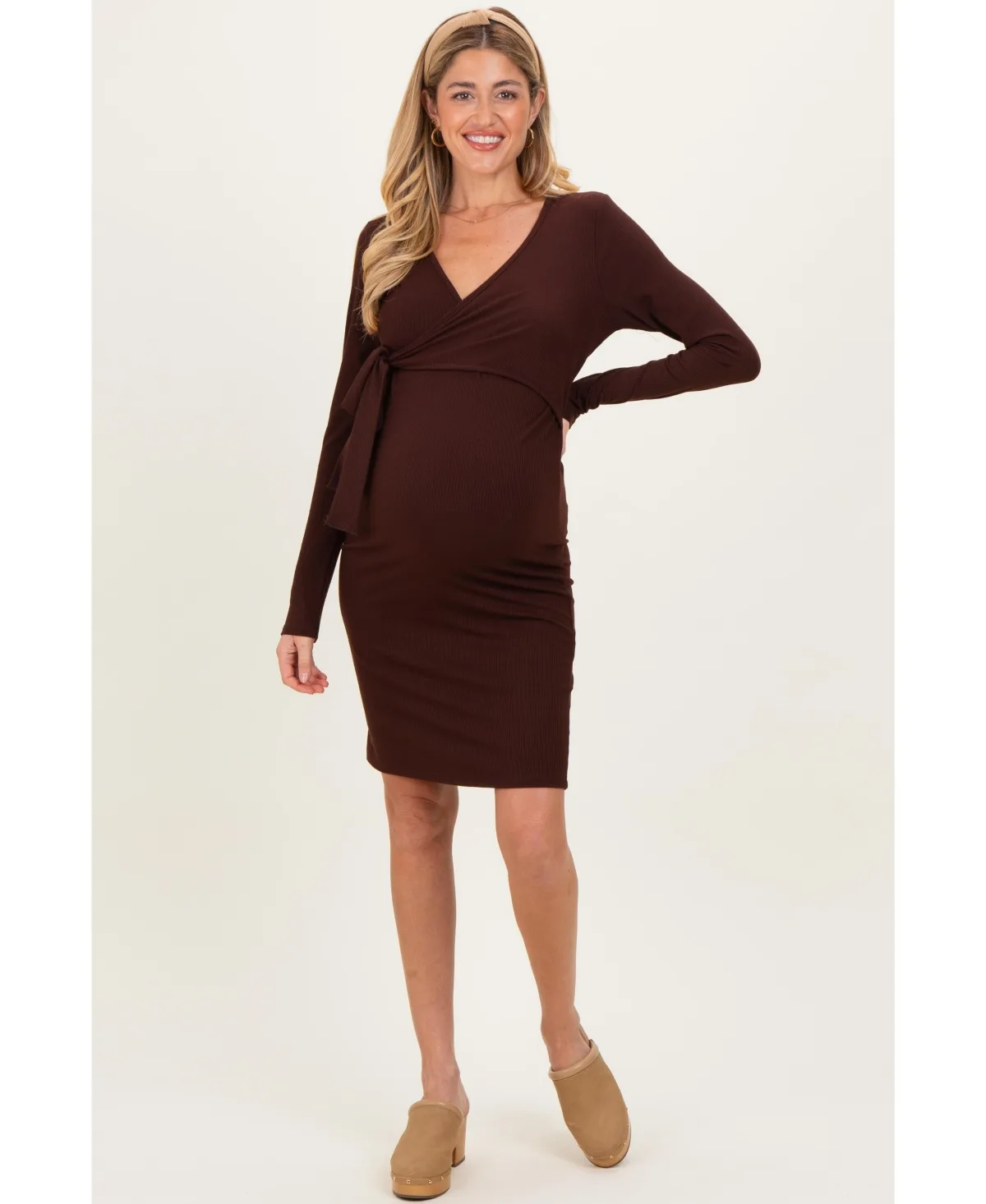 Ribbed Long Sleeve V-Neck Wrap Midi Dress