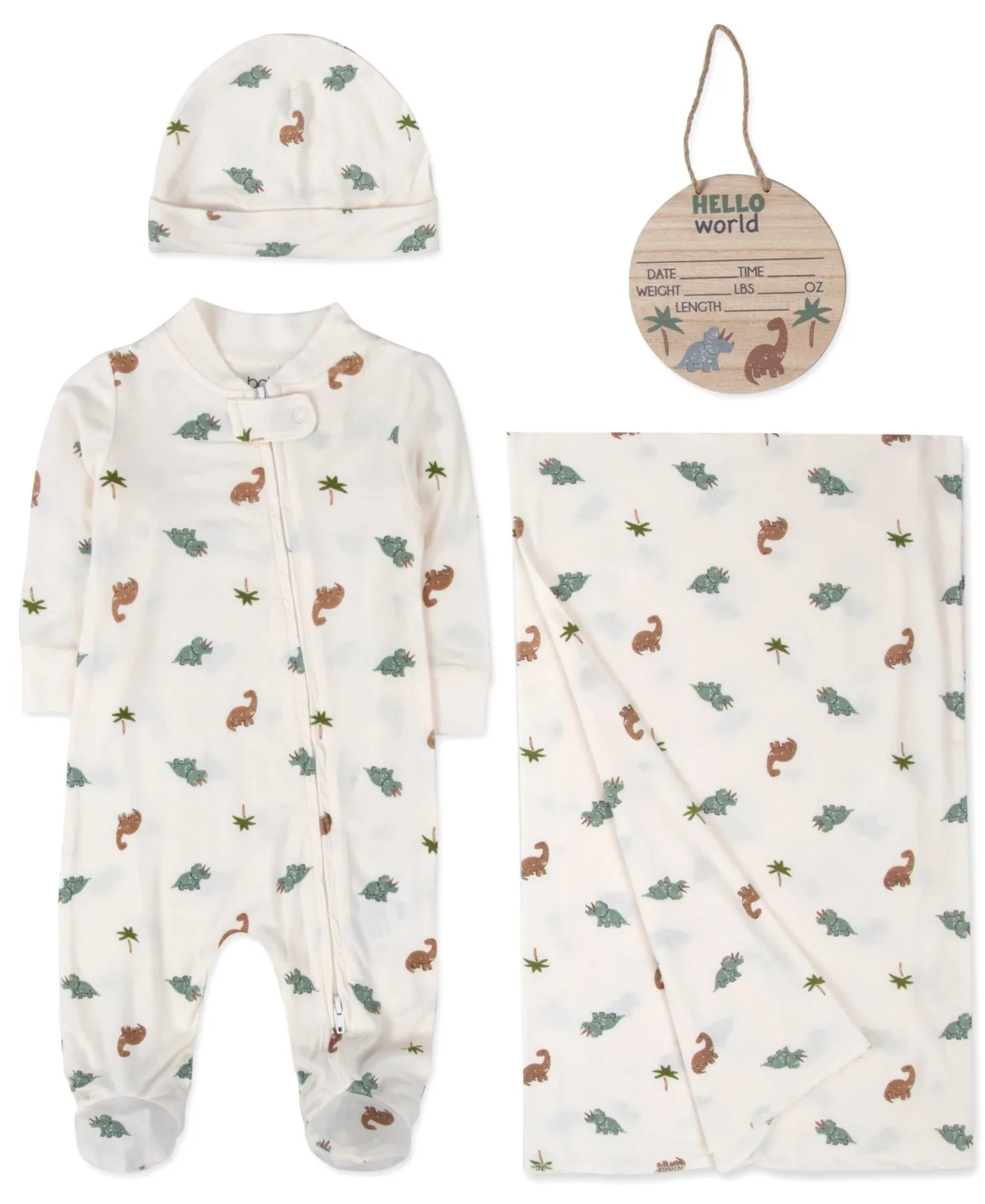 Dinosaur Long-Sleeve Coveralls, Hat, Blanket and Wooden Sign, 4-Piece Set by Baby Essentials