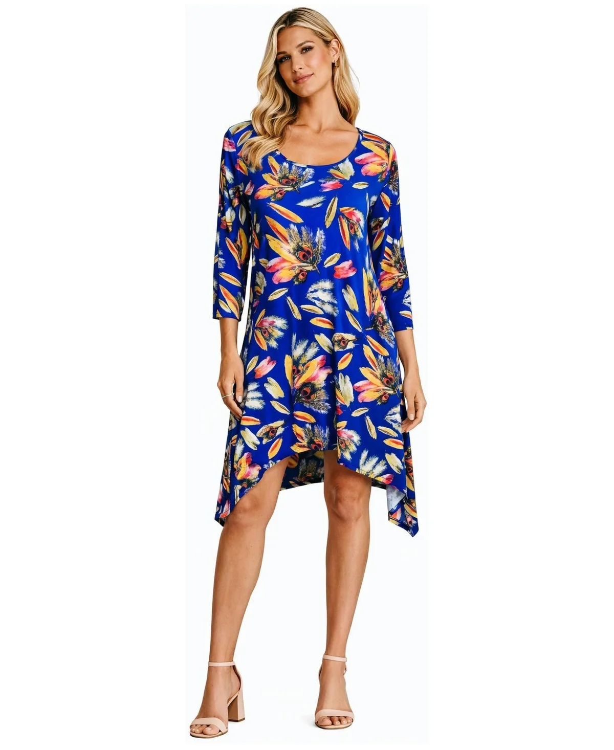 Shark-Bite Asymmetrical Tropical Print Knit Resort Dress by La Moda Clothing