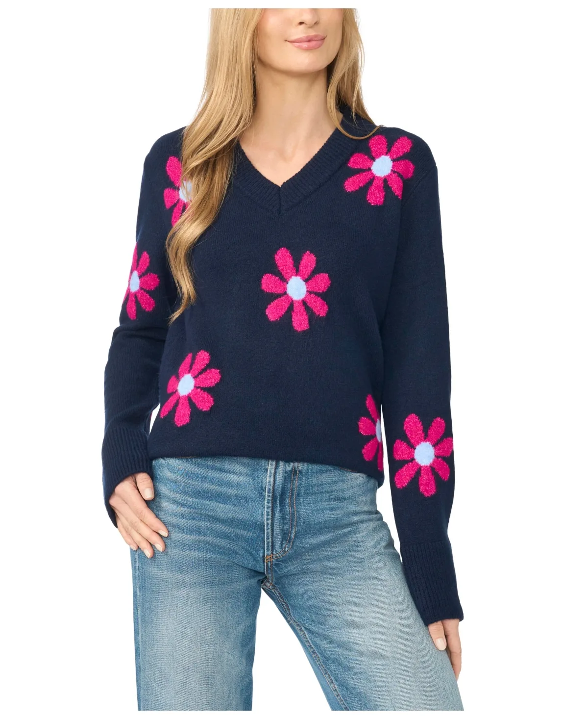 Groovy Floral-Print V-Neck Sweater