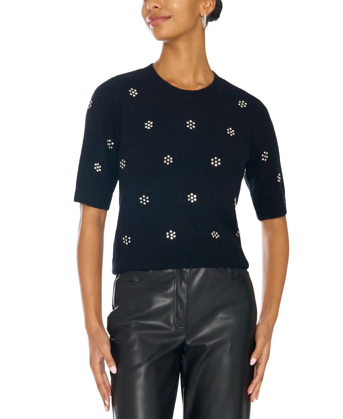 Embellished Crewneck Short-Sleeve Sweater