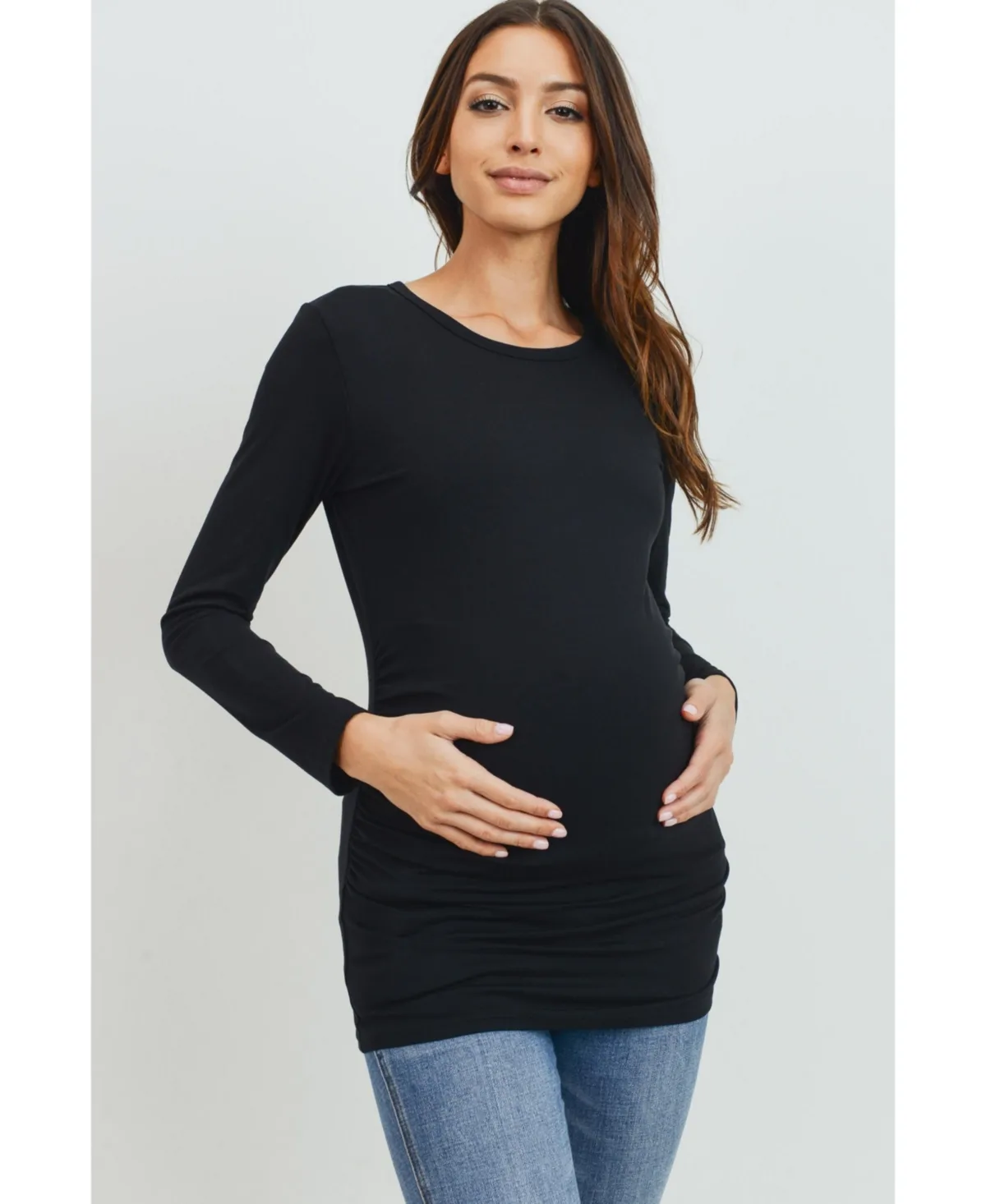 Casual Long Sleeve Side Ruched Crewneck Maternity Top by Hello Miz