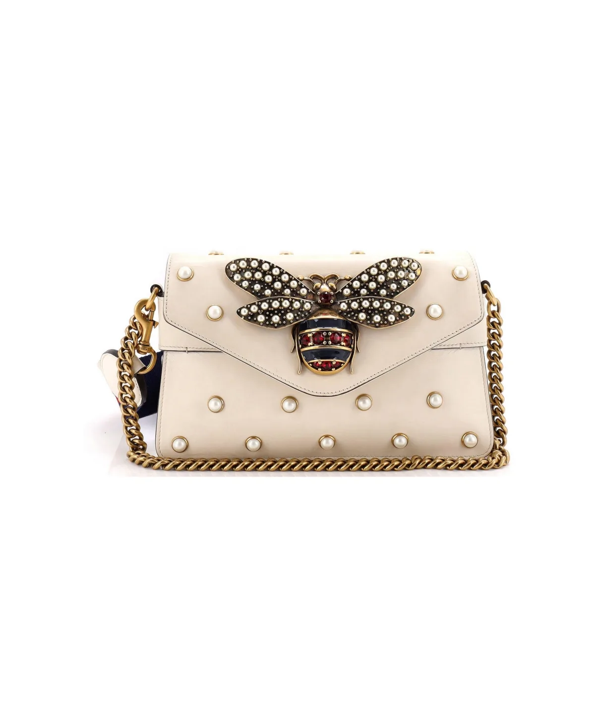 Pre-Owned Gucci Mini Broadway Pearly Bee Shoulder Bag Embellished Leather