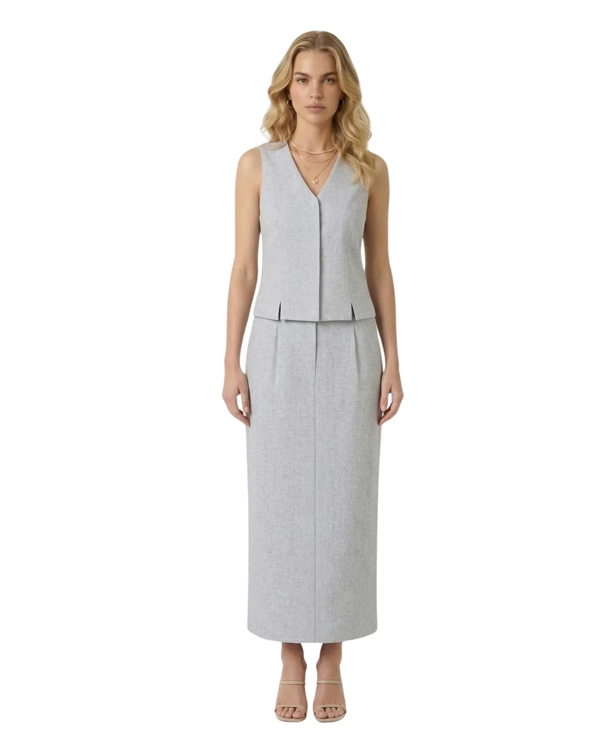 Sleeveless Hidden Front Closure Top and Midi Skirt Set by Modenaire