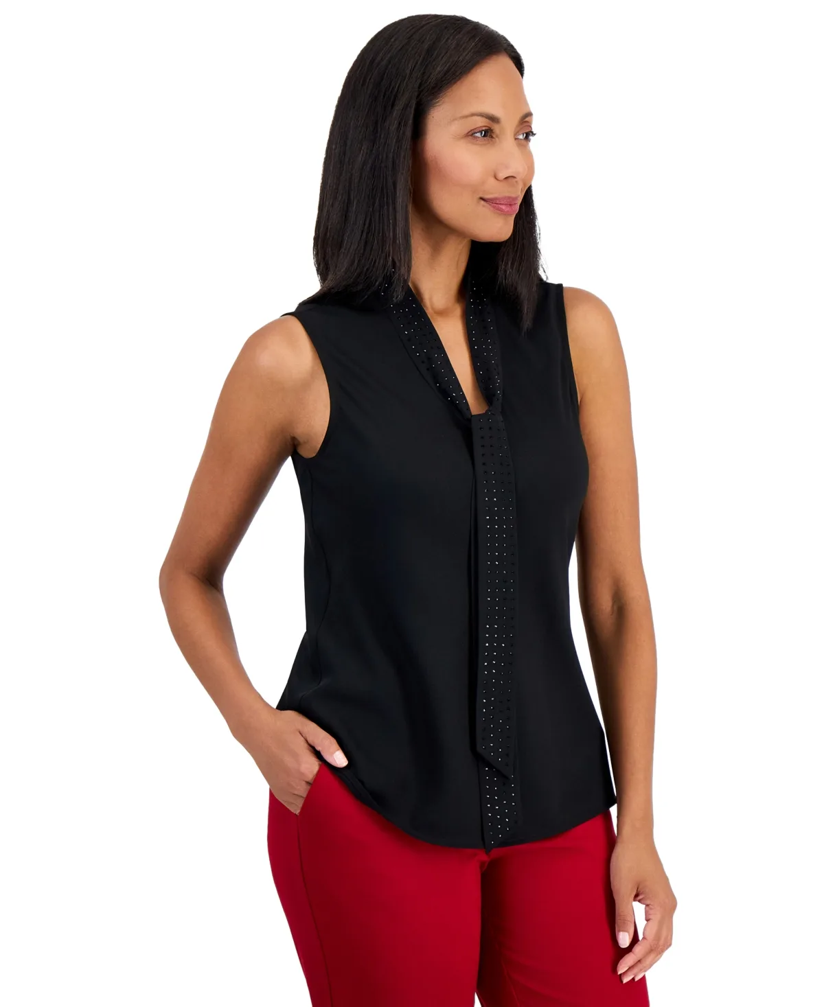 Sleeveless Georgette Tie Neck Embellished Blouse