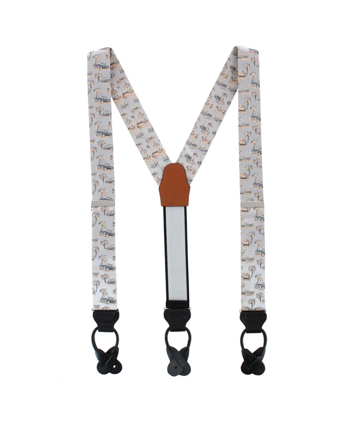 Summer Cruise Nights Silk Vintage Automobile Print Leather Button-End Suspenders by Trafalgar