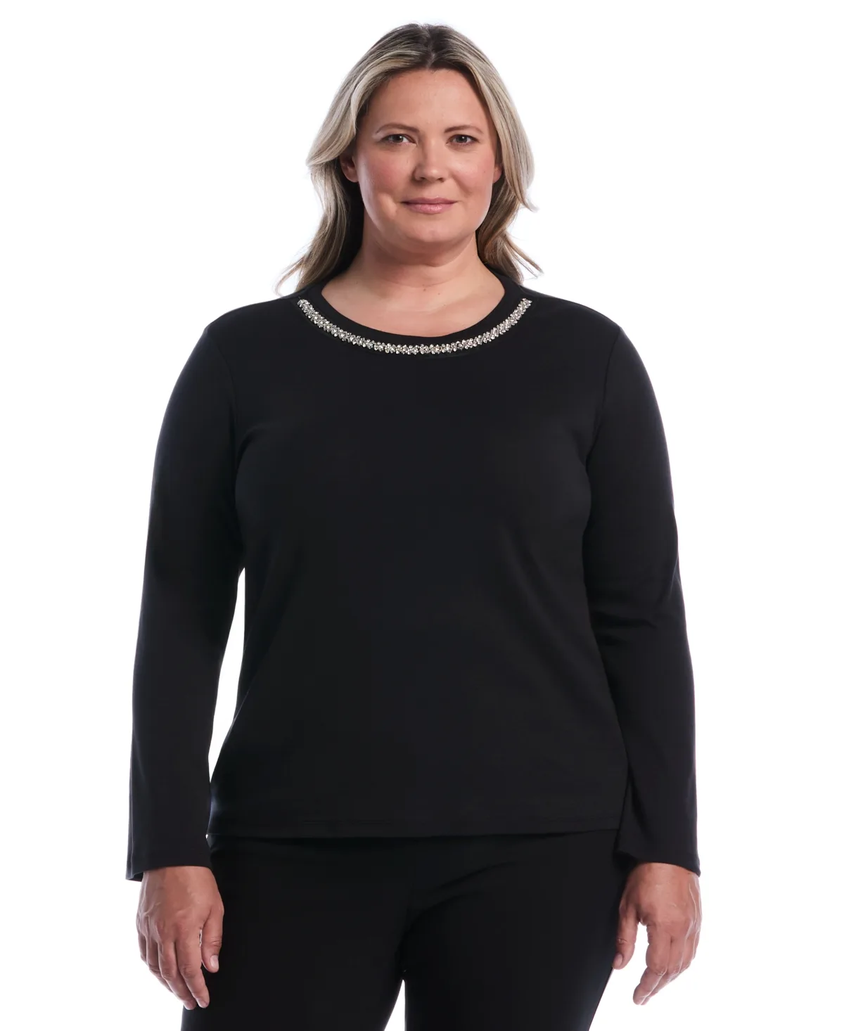 Embellished Crewneck Long-Sleeve Cotton T-Shirt by Rafaella