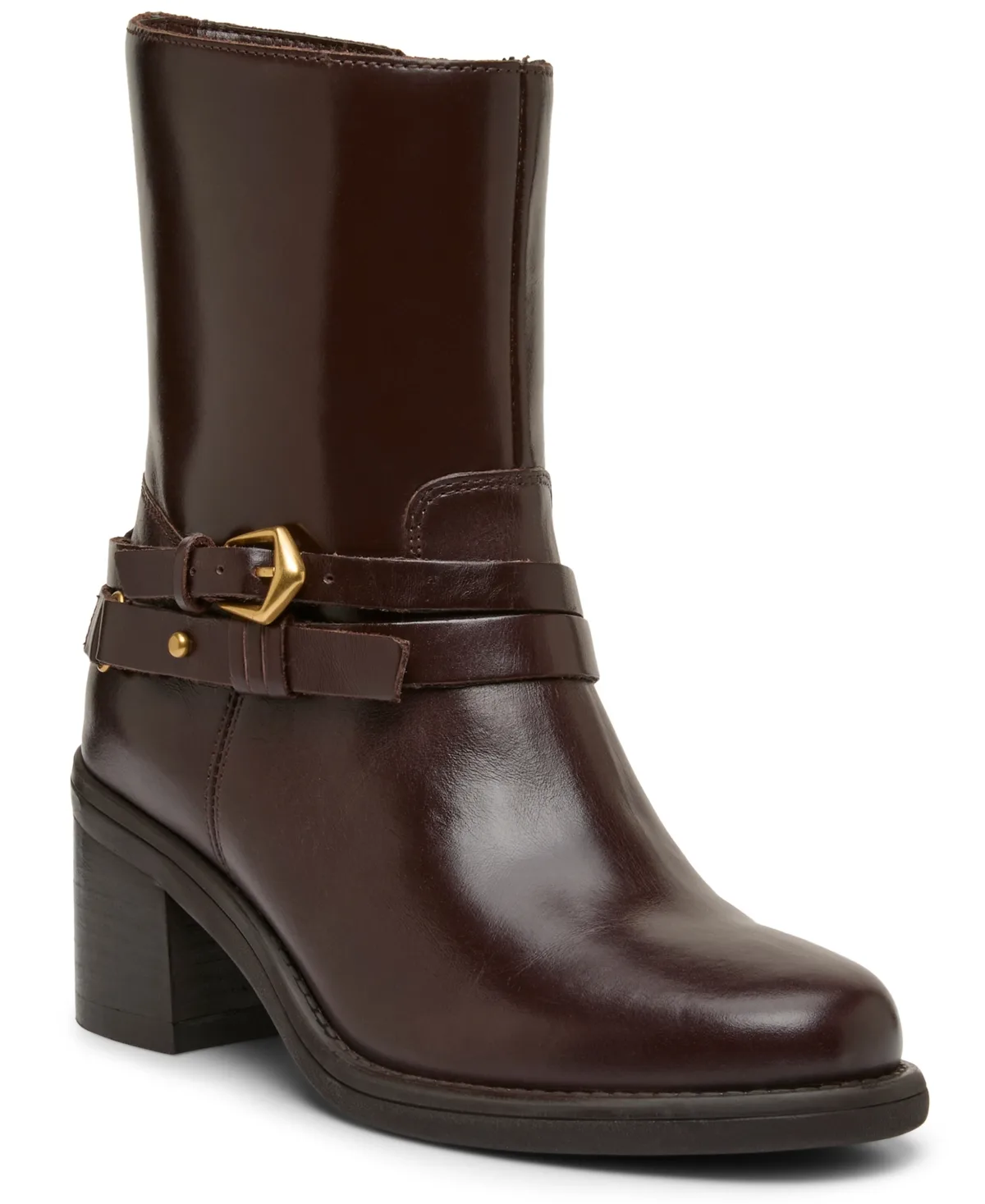 Armia Cross Buckle Block Heel Almond Toe Booties by Vince Camuto