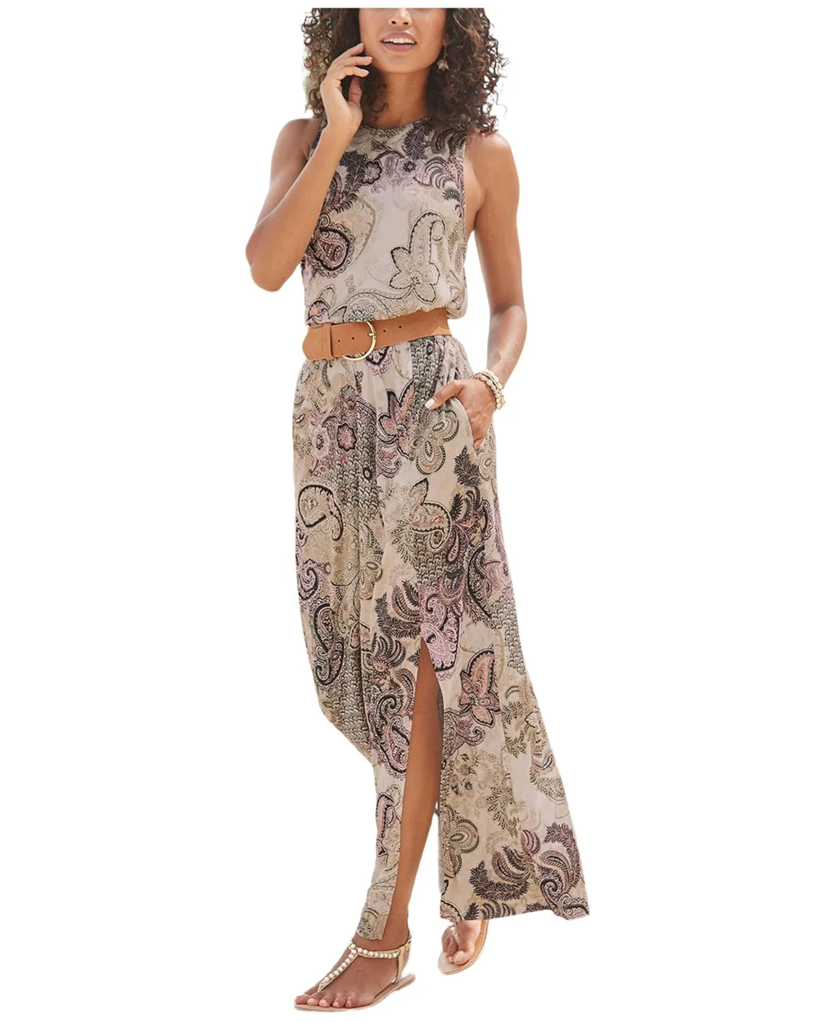 Viscose Printed Side Slit with Pockets Column Maxi Dress