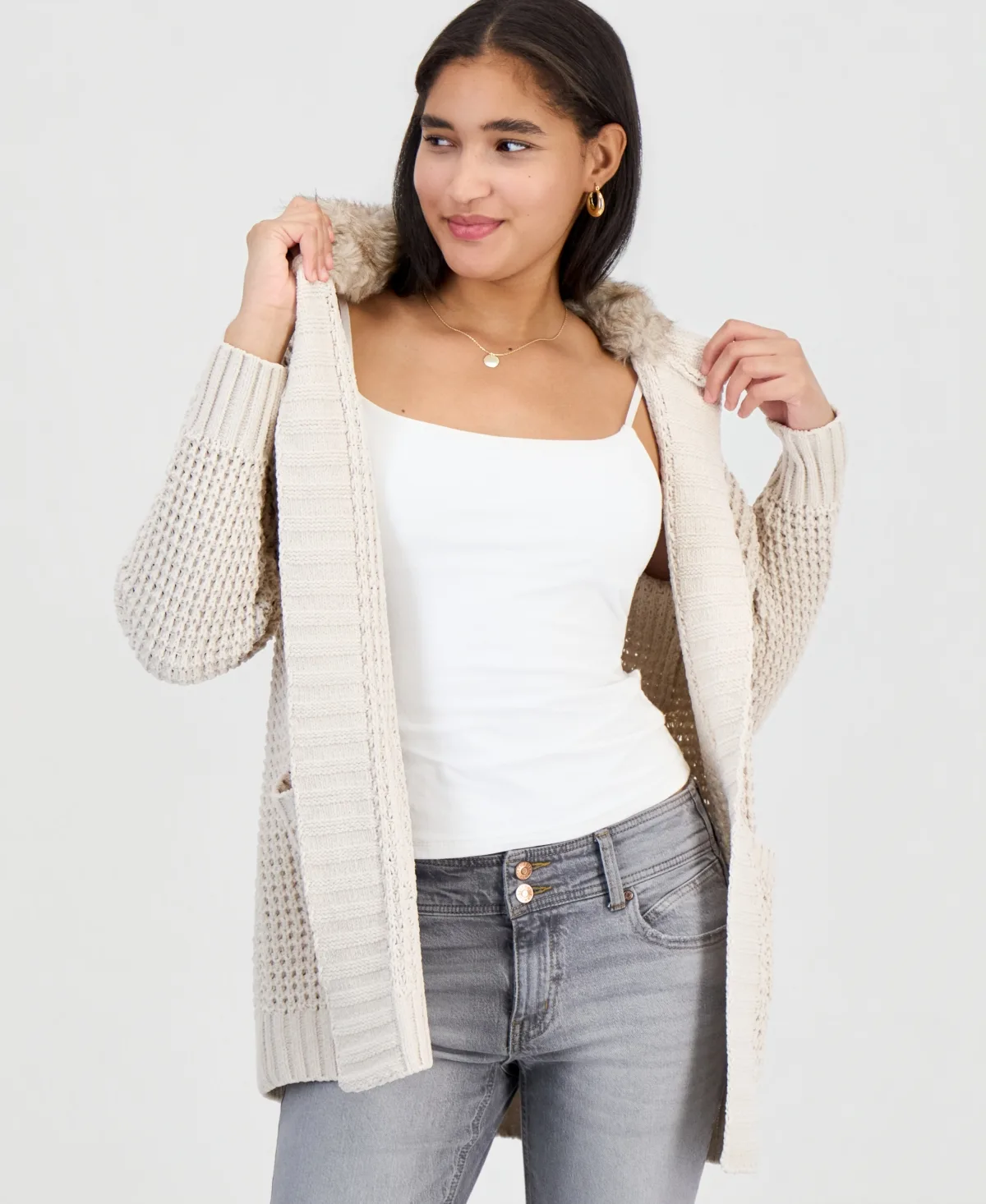 Hooded Open-Front Faux-Fur-Lined Cardigan
