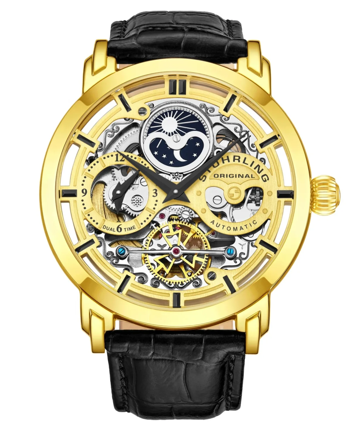 Legacy Black Leather, Gold-Tone Dial, 46mm Round Watch by Stuhrling