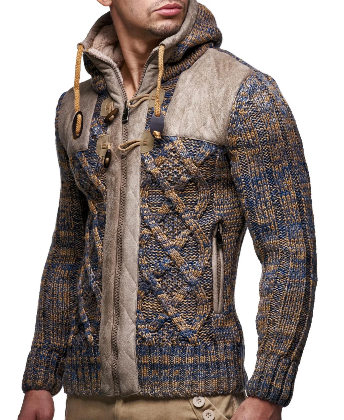Knit Zip-Up Jacket with Geometric Patterns and Leather Accents by Leif Nelson