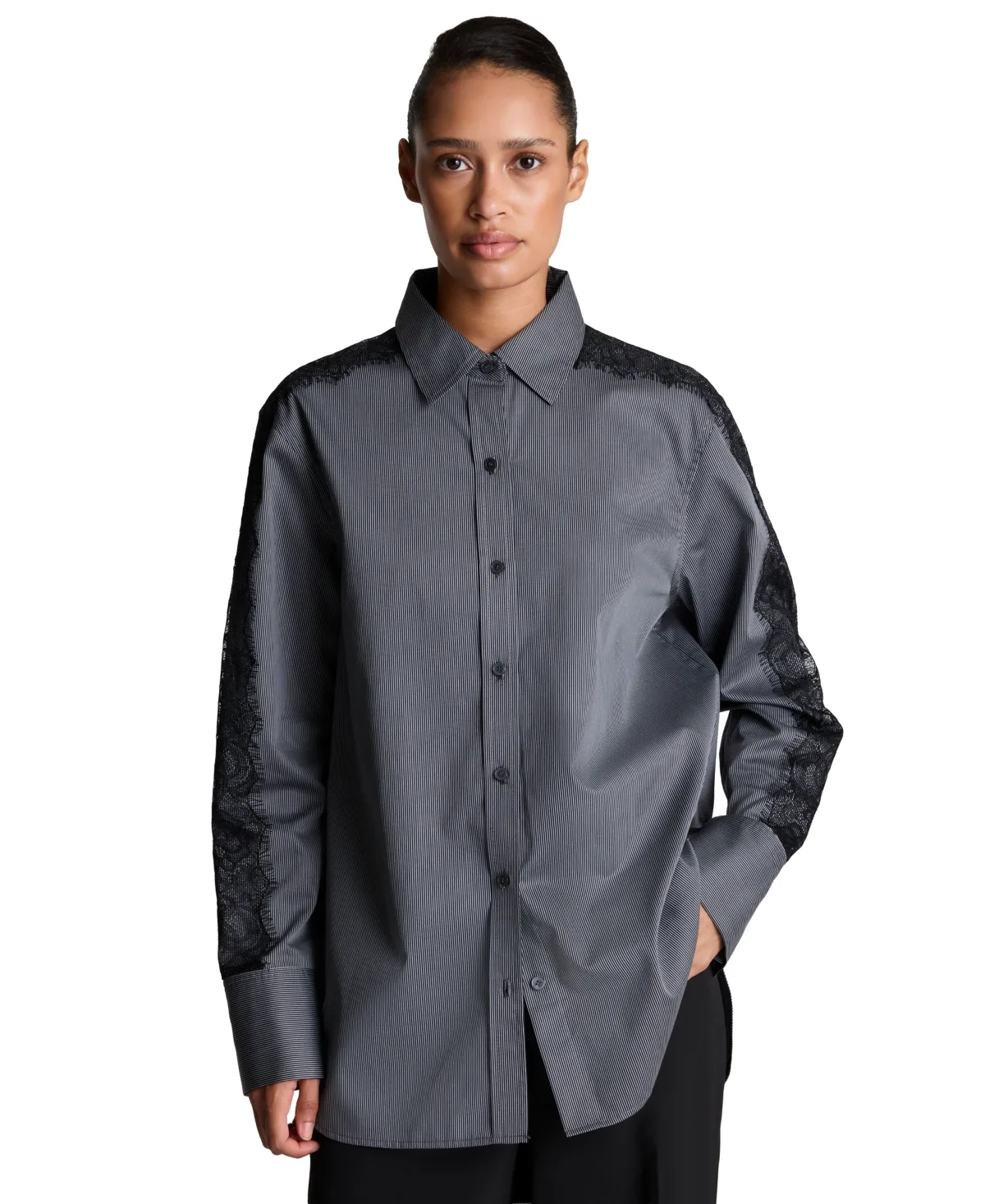 Oversized Boyfriend Lace-Trim Shirt by Kenneth Cole