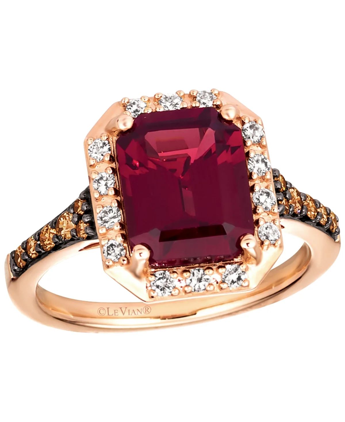 Strawberry Gold Emerald-Cut Halo Diamond and Garnet Ring (3-1/3 ct. t.w.) in 14k Rose Gold