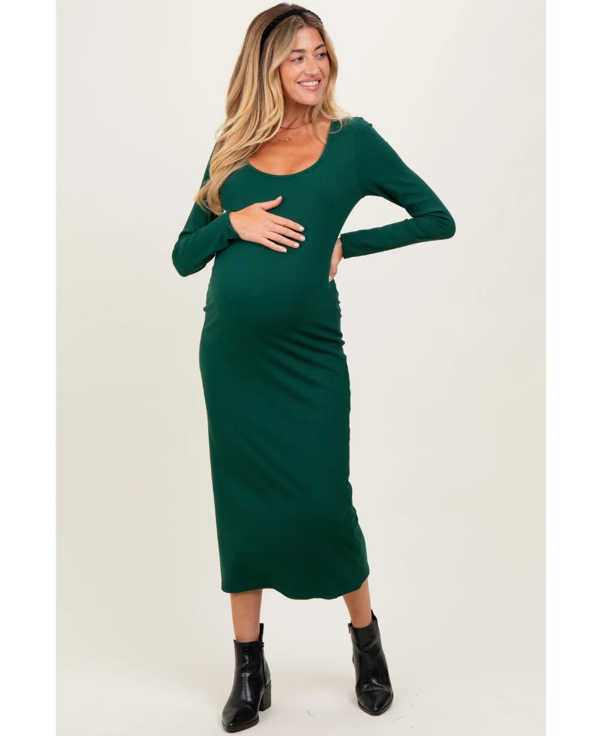 Brown Scoop Neck Long Sleeve Midi Dress by PinkBlush