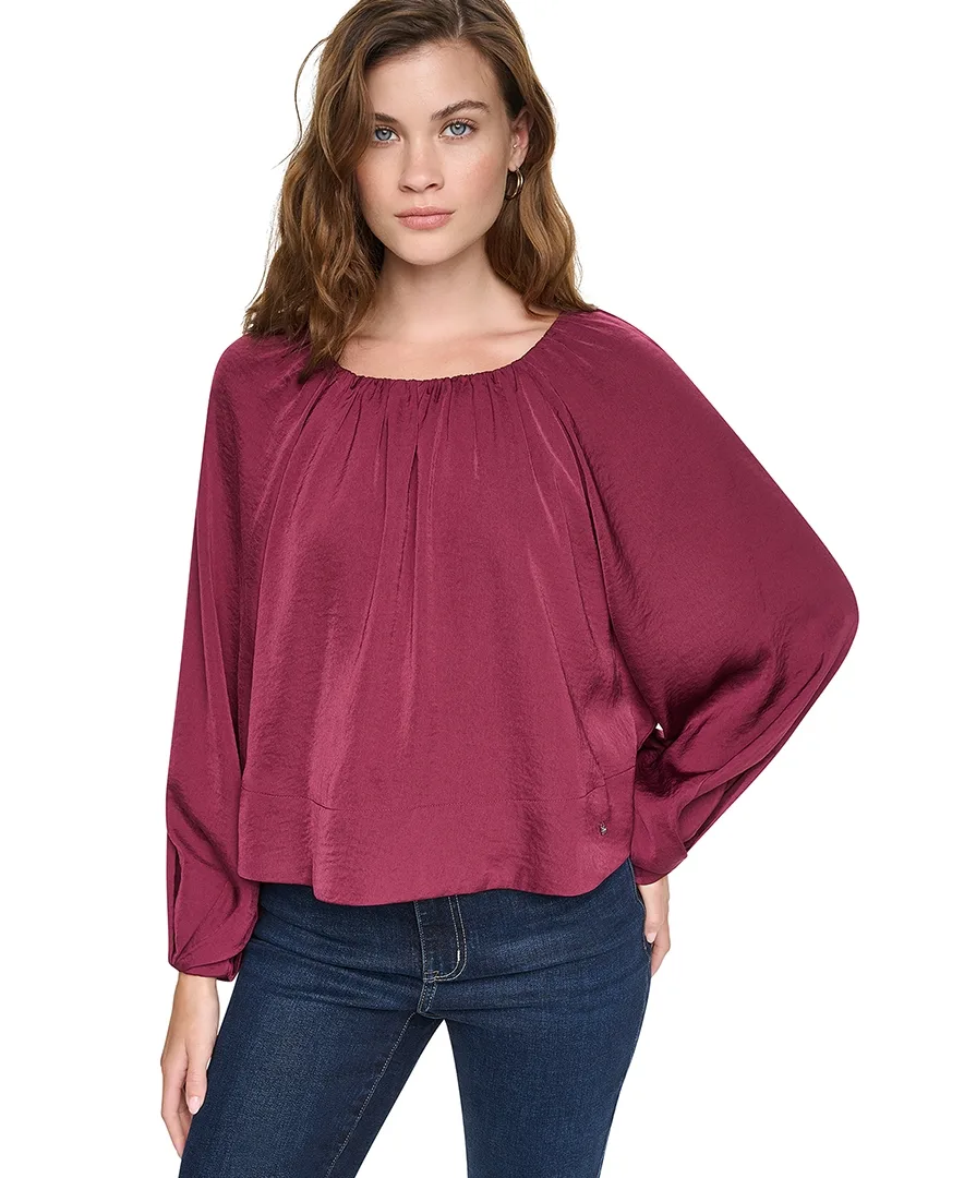 Shirred Boat Neck Raglan Long-Sleeve Top