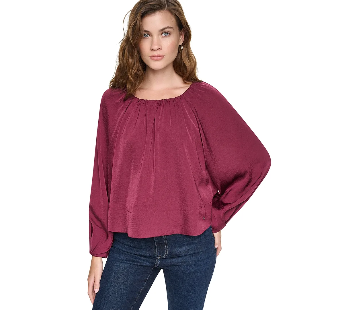 Shirred Boat Neck Raglan Long-Sleeve Top by DKNY