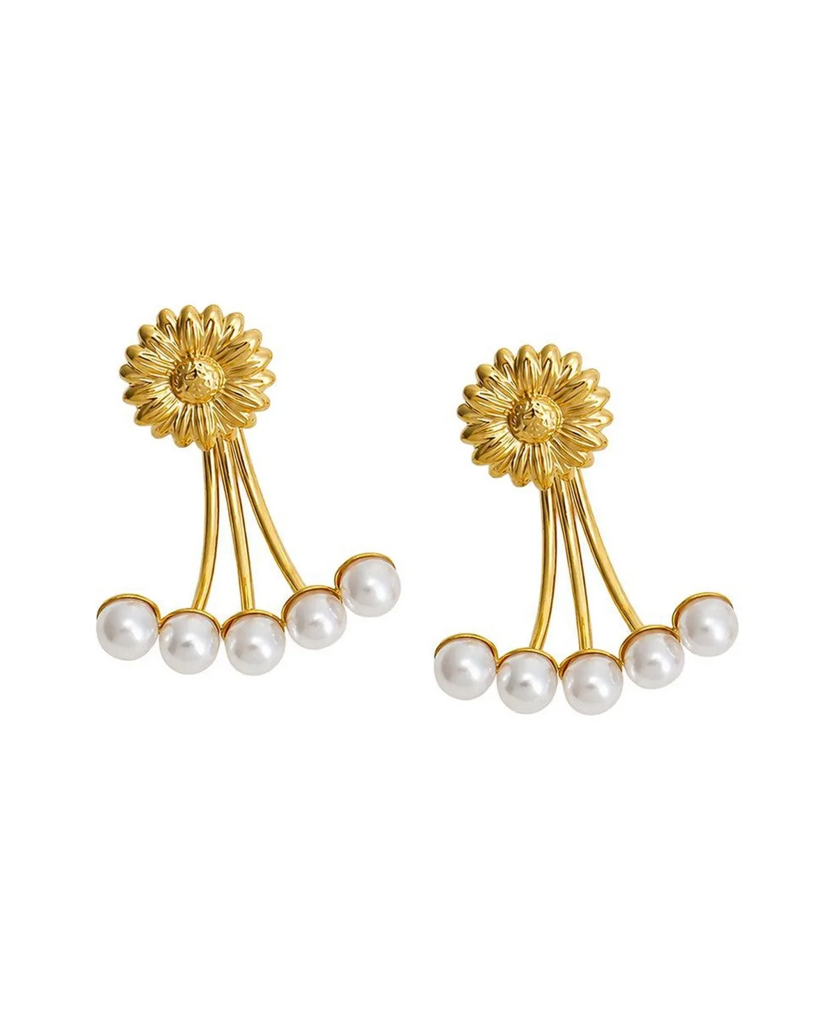 Gold-Tone Faux Pearl Daisy-Flower Statement Fringe Earrings