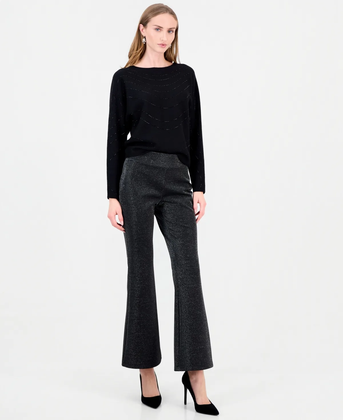 Kick Flare High-Waisted Pull-On Metallic Pants by Tahari