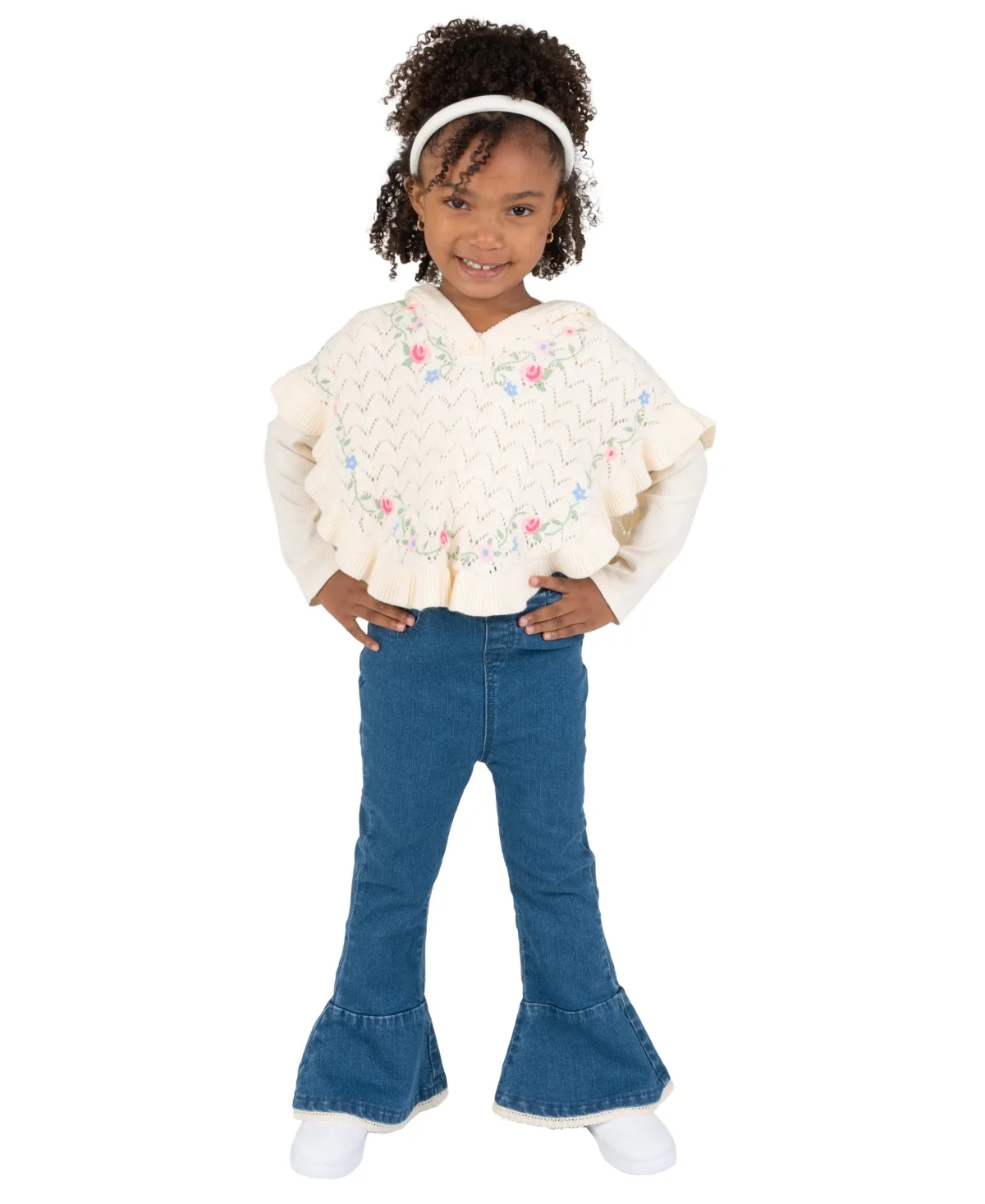 Floral-Print Pointelle-Knit Flare Denim Top and Pants, 2-Piece Set by Rare Editions