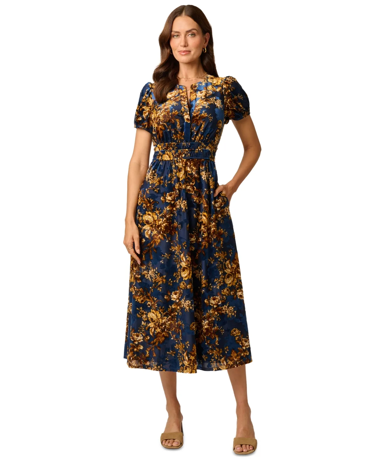 Sophia Floral-Print Split-Neck Midi Dress by Adrianna Papell