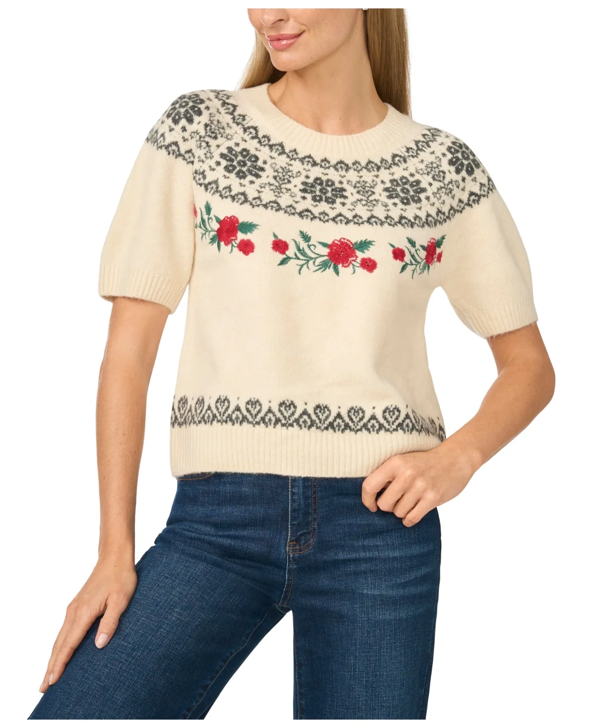 Fair Isle Short-Sleeve Sweater by CeCe