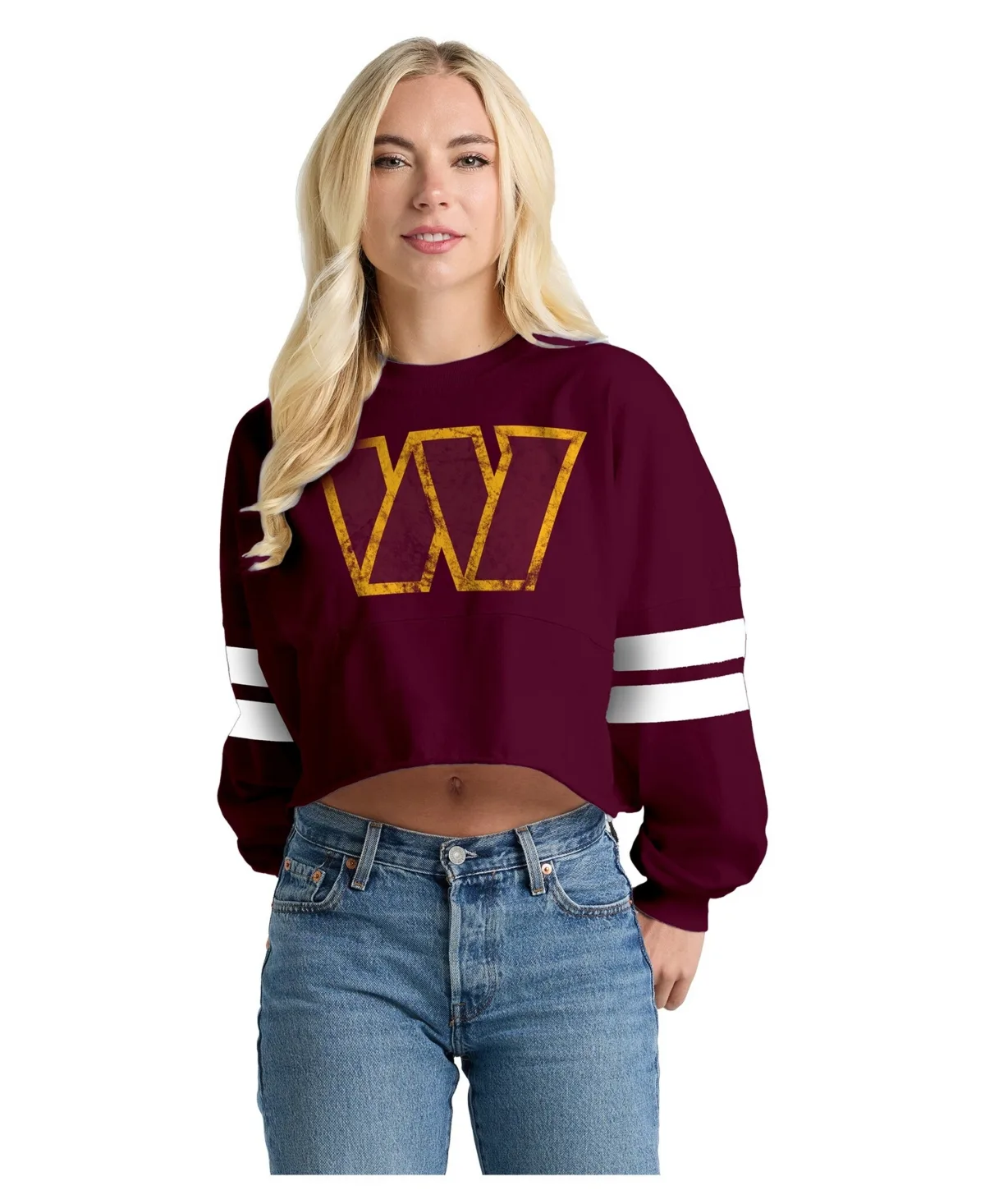 Washington Commanders Oversized Cropped Stripe Long Sleeve T-Shirt by Spirit Jersey