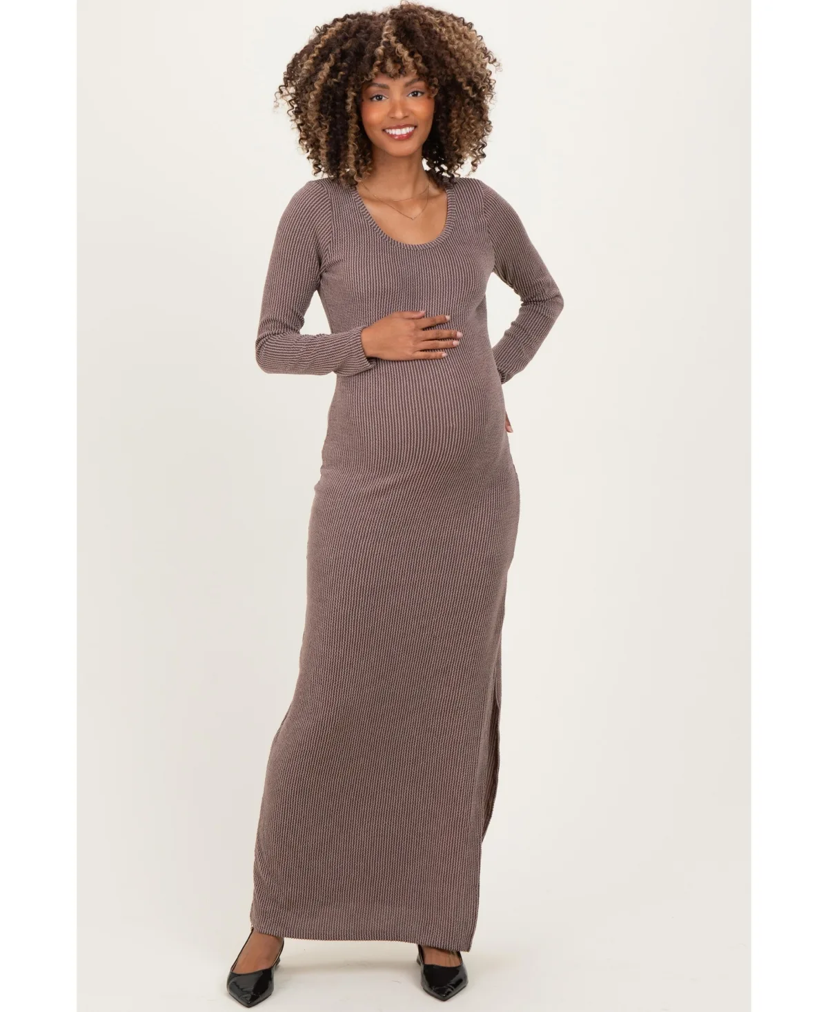 Ribbed Long Sleeve Side Slit Maxi Dress by PinkBlush