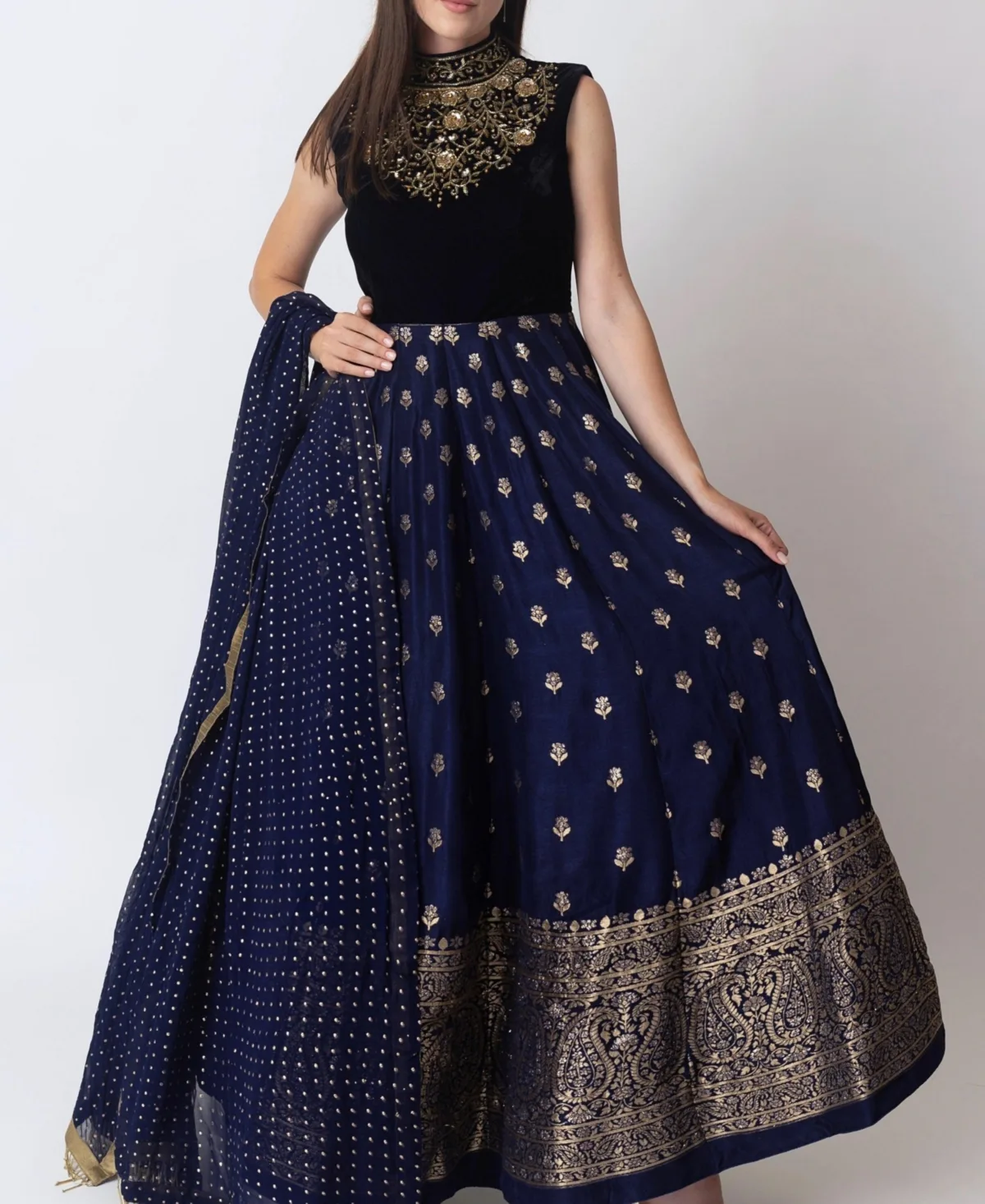 Anarkali Gown with Sequins and Cutdana Handwork on the Torso and Banarasi Jacquard Bottom by Raas