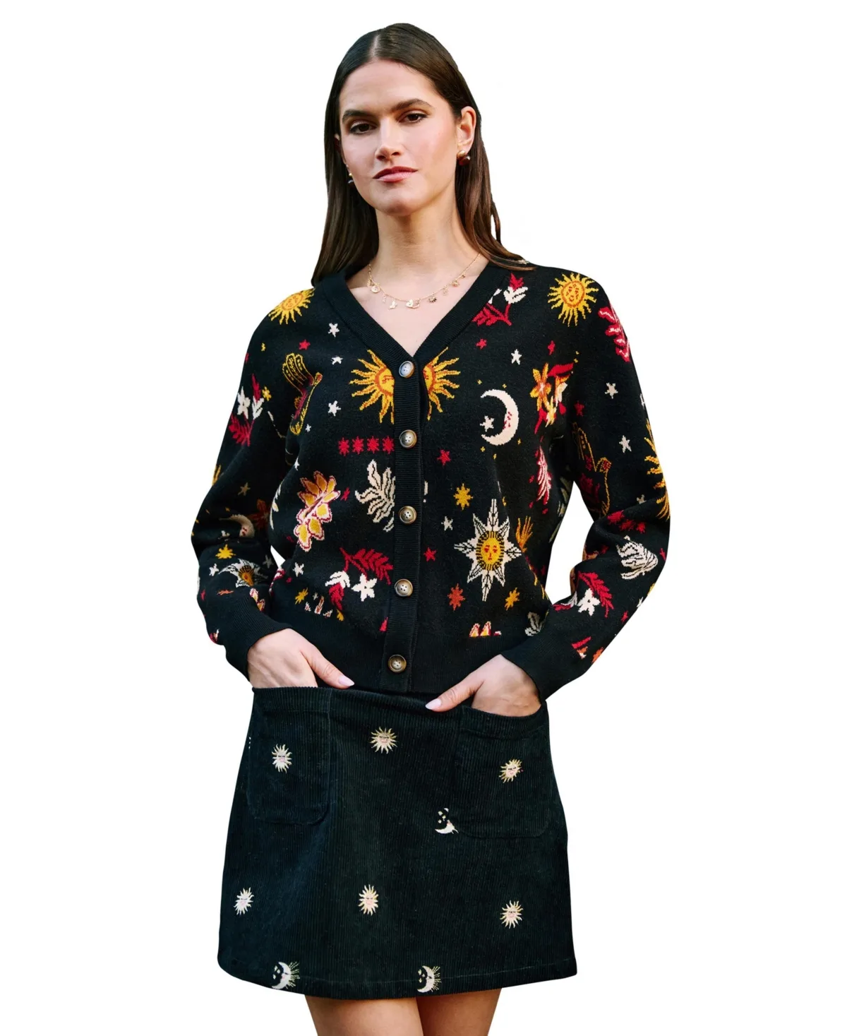 Cosmic Intarsia V-Neck Long-Sleeve Cardigan by Yumi