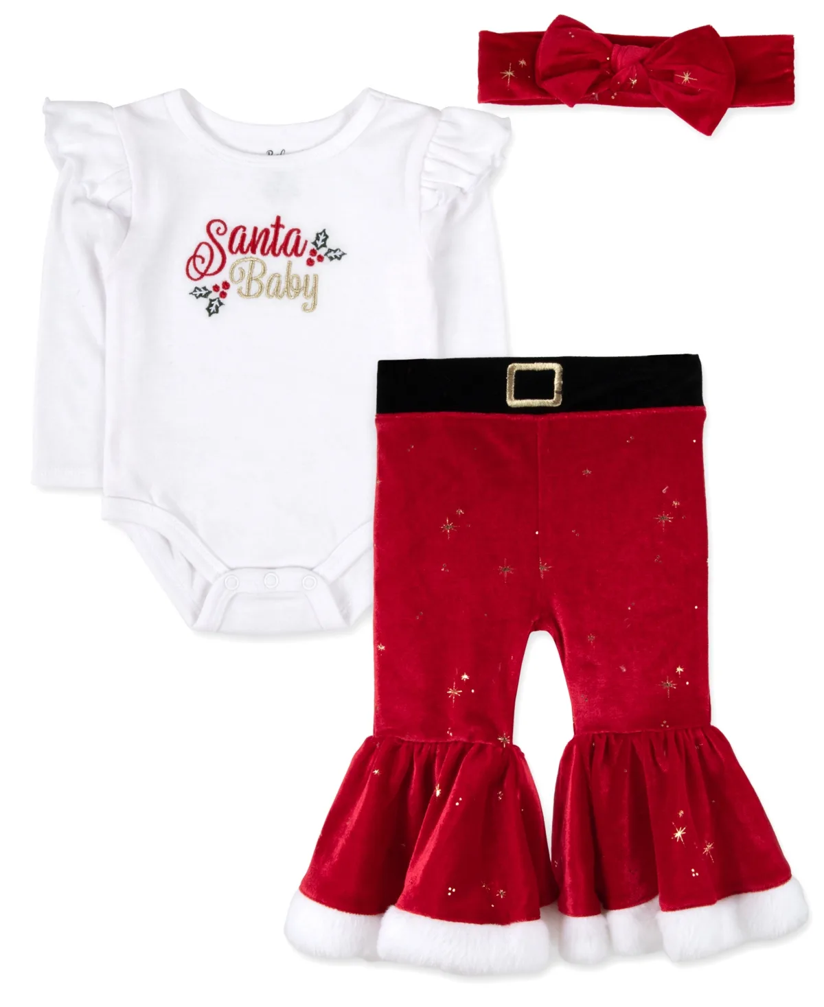 Santa Baby Bell Holiday Long-Sleeve Bodysuit, Pants and Bow Headband, 3-Piece Set by Baby Essentials