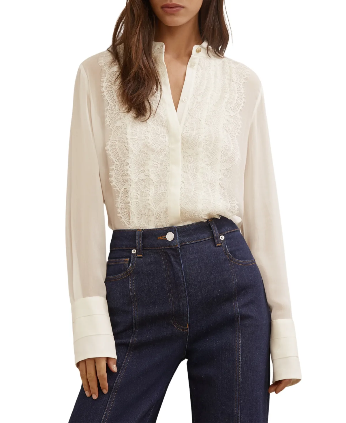 Lace-Trim Sheer Button-Through Shirt by Reiss